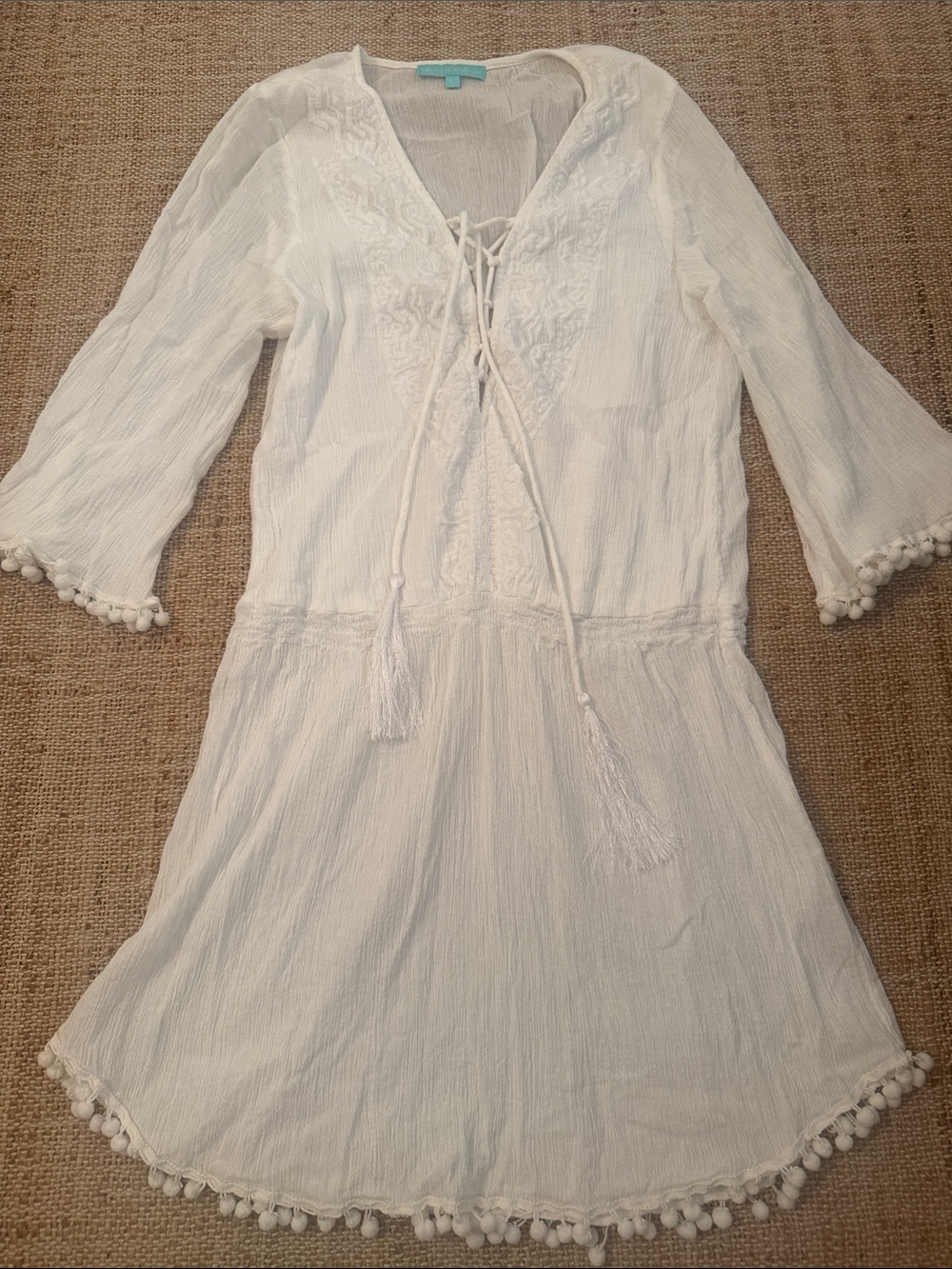 Melissa Odabash White Lace Up Pom Pom Trim Cover Up Large